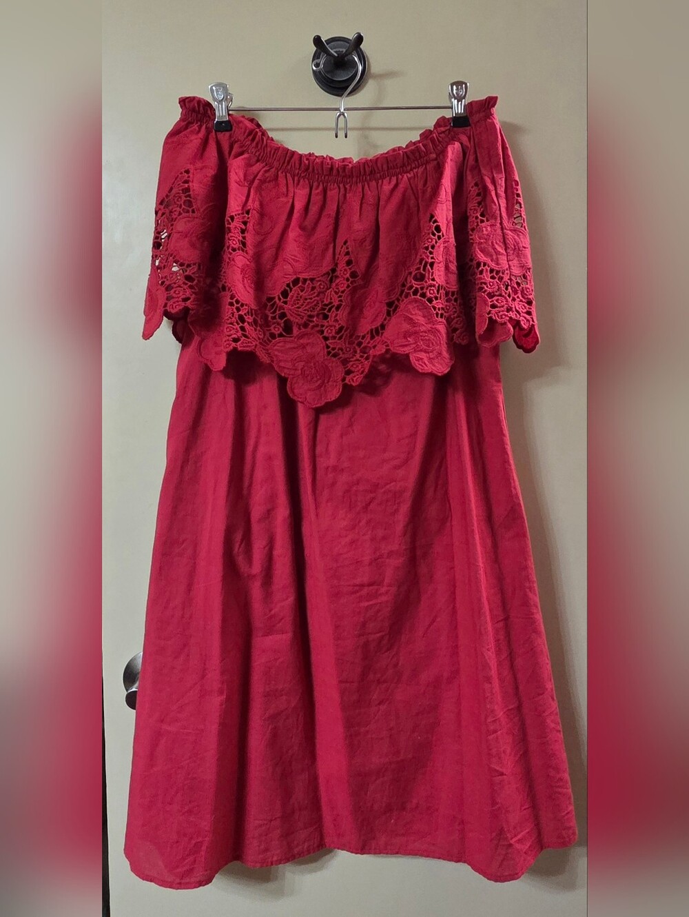Knox Rose Crimson Off-Shoulder Midi Dress with Lace Trim